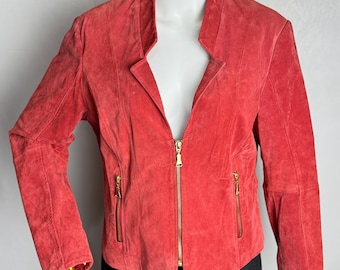 Coral Red Real Suede Jacket, Genuine Leather Zipped Jacket, Y2K Stylish Fall Jacket, Womens Boho Zip Front Coat, Biker Moto Outerwear, M L