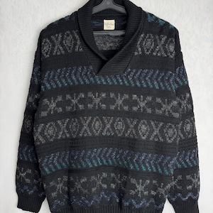 90s Wool Blend Sweater, Mens Geometric Pattern Pullover, Oversized Grandpa Cosby Sweater, Oldschool Retro Jumper, Unisex Hipster Knitwear, L