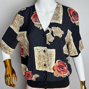 80s Floral Viscose Blouse, Black Retro Short Sleeve Top, Ornate Baroque Style Shirt, Relaxed V-Neck Blouse, Rose Print Button Front Top, L