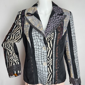 Unique Boho Festival Jacket, Y2K Womens Patchwork Jacket, Animal Tribal Print Striped Blazer, 90s Bohemian Artsy Blazer, Wearable Art, M L