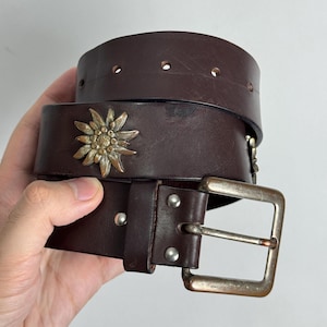 Edelweiss Genuine Leather Belt, Austrian Dirndl Belt, Brown Oktoberfest Trachten Belt, Traditional Bavarian Belt, Tyrol Folk Costume Belt