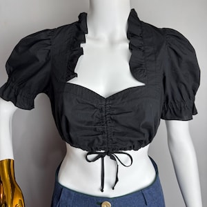 Dirndl Cropped Top, Puff Sleeve Austrian Blouse, Black Cotton Trachten Top, Oktoberfest Tyrolean Alpen Blouse, German Bavarian Crop Top, XS
