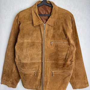 90s Mens Suede Jacket, Genuine Leather Hunting Jacket, Full Zip Up Country Jacket, Retro Western Trucker Jacket, Brown Cowboy Suede Coat, M