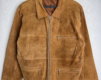 90s Mens Suede Jacket, Genuine Leather Hunting Jacket, Full Zip up