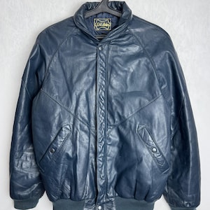80s Mens Leather Jacket, Blue Motorcycle Jacket, Genuine Real Leather Pilot Jacket, Zipped Flight Jacket, Aviator Biker Bomber Jacket, L