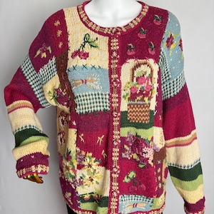 Cárdigan con bordado floral, suéter campestre de los 80, jersey de punto extragrande, cárdigan multicolor de abuela, prenda de punto estilo bohemio cottagecore, XL