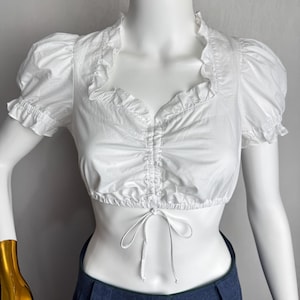 Dirndl Cropped Top, Puff Sleeve Austrian Blouse, White Cotton Trachten Top, Oktoberfest Tyrolean Alpen Blouse, German Bavarian Crop Top, XS