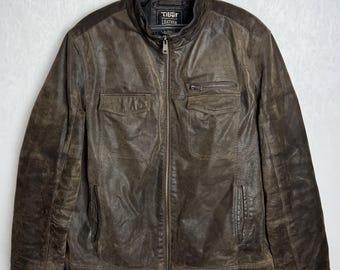 Vintage Mens Leather Jacket, 90s Classic Moto Jacket, Brown Biker Motorcycle Jacket, Genuine Leather Zip Up Coat, Distressed Fall Jacket, XL