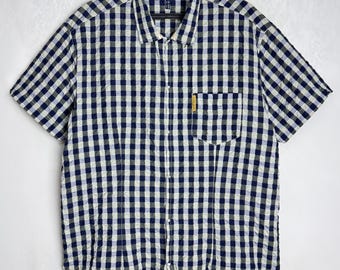 ARMANI JEANS Mens Check Shirt, Y2K Giorgio Armani, Italian Designer Cotton Shirt, Casual Snap Button Shirt, Plaid Oxford Summer Shirt, XL
