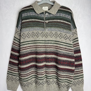 90s Oversize Wool Blend Sweater, Men Geometric Pattern Pullover, Multicolor Striped Jumper, Unisex Oldschool Knitwear, Grandpa Cosby Sweater