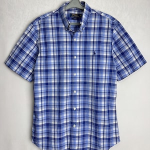 POLO RALPH LAUREN Mens Shirt, Blue Plaid Cotton Shirt, Tartan Check Button Down Shirt, Slim Fit Short Sleeve Shirt, 90s Casual Clothing, M