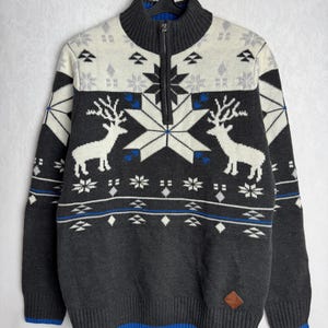 Norwegian Deer Zip Up Sweater, 90s Nordic Folk Sweater, Scandinavian Pattern Pullover, Mens Wool Blend Knitwear, Warm Winter Ski Sweater, M