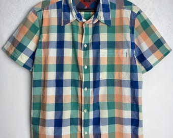 PAUL SMITH Mens Check Shirt, Designer Cotton Button Up, Casual Short Sleeve Shirt, Multicolor Plaid Summer Shirt, Tailored Fit Oxford Shirt