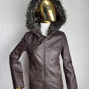 Vintage Women Leather Jacket, Chocolate Brown Hooded Jacket, Faux Fur Zip Up Coat, Classic Moto Style Biker Jacket, Fall Winter Outerwear, S