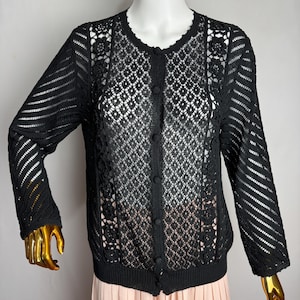 80s Hand Knit Crochet Cardigan, Black Floral Sheer Lace Sweater, Handmade Romantic Button Front Sweater, Lightweight Openwork Cardigan, M L