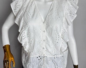 Blusa de algodón con volantes y ojales, blusa romántica blanca estilo cottagecore, camisa floral sin mangas de verano, blusa estilo bohemio chic estilo campesino, blusa femenina para festivales