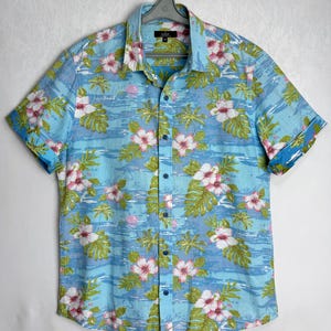 Hawaiian Mens Cotton Shirt, Floral Print Summer Shirt, Tropical Aloha Beach Shirt, Short Sleeve Button Up, Festival Vacation Tiki Shirt, M