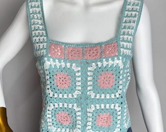 Handmade Crochet Crop Top, Y2K Vintage Sleeveless Cotton Top, Pastel Summer Tank Top, Boho Festival Cropped Top, Artisan Bohemian Outfit, S
