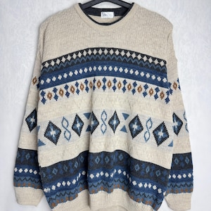 90s Mens Geometric Sweater, Multicolor Patterned Pullover, Grandpa Cosby Sweater, Oldschool Retro Jumper, Unisex Oversized Knitwear, XL