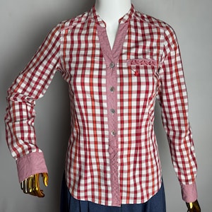 Austrian Dirndl Blouse, Gingham Check Trachten Shirt, Traditional Oktoberfest Top, Tyrol Cotton Folk Shirt, German Bavarian Alpen Blouse, XS