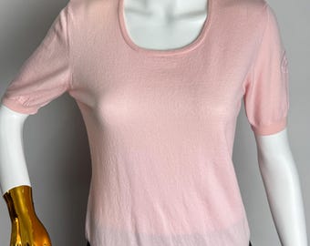 LES COPAINS Vintage Wool Sweater, Italian Luxury Designer Knit Top, Soft Pastel Pink Short Sleeve Sweater, Lightweight Minimalist Knitwear