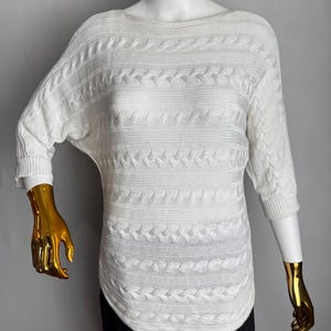 RALPH LAUREN Cable Knit Sweater, White Cotton & Viscose Knit Top, Preppy Style Boat Neck Pullover, Classic Minimalist Casual Polo Sweater, S