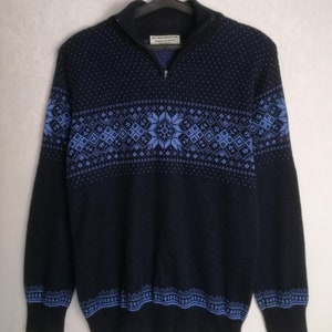Mens Merino Wool Zip Up Sweater, 90s Nordic Folk Sweater, Scandinavian Pattern Jumper, Norwegian Wool Knitwear, Warm Winter Ski Sweater, XS