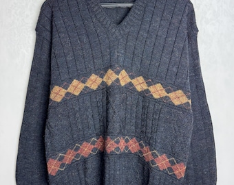 Vintage Argyle Strickpullover, 90er Jahre Herren Alpaka Wollpullover, Oversized Pullover mit V-Ausschnitt, Unisex Oldschool Strickmode, Geometrisches Muster Pullover, XL