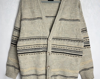 Cárdigan vintage para hombre, cárdigan de mezcla de lana de los años 90, suéter de la vieja escuela para abuelos, cárdigan con estampado geométrico, suéter unisex hipster de Cosby, M