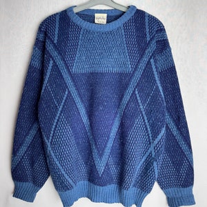 80s Wool Blend Sweater, Mens Blue Geometric Patterned Pullover, Grandpa Cosby Sweater, Oldschool Retro Jumper, Unisex Hipster Knitwear, M