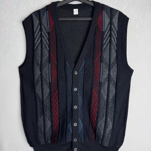 Vintage Wool Blend Vest, 90s Unisex Striped Vest, Grandpa Sleeveless Cardigan, Geometric Pattern Vest, Oldschool Oversized Cosby Sweater, L