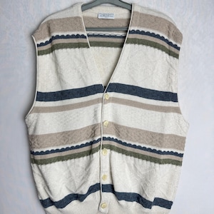 80s Mens Cotton Knit Vest, Oversized Unisex Vest, Grandpa Sleeveless Sweater, Geometric Pattern Vest, Oldschool Striped Cosby Sweater, L