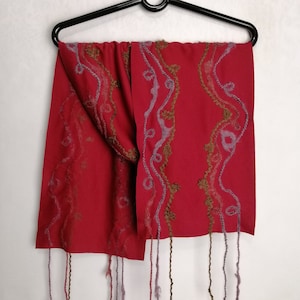 Bohemian Wool Blend Scarf, Burgundy Red Long Scarf, Unique Embroidered Muffler Scarf, Womens Wool Accessories, Ethnic Boho Tassels Scarf