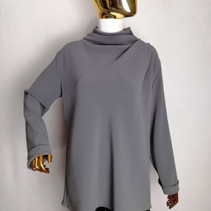 ALBERTO BIANI Vintage Blouse, 2000s Italian Luxury Designer Top, Y2K Minimalist Long Sleeve Blouse, Draped Collar Gray Sweater, Size XL
