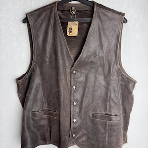 Men Western Leather Vest, 90s Genuine Leather Waistcoat, American Eagle Sleeveless Jacket, Brown Suede Vest, Classic Cowboy Retro Jacket, XL