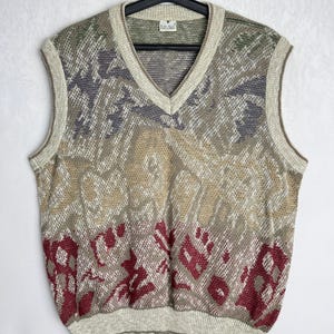 Mens Abstract Cotton Vest, 80s Oversized Unisex Vest, Grandpa Sleeveless Sweater, Geometric Pattern Vest, Oldschool V-Neck Knit Sweater, L