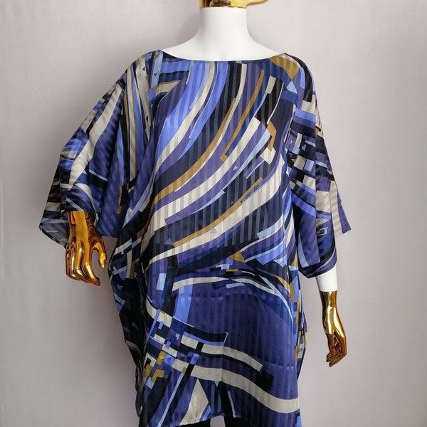 MARINA RINALDI Silk Tunic, Italian Oversize Silk Top, Geometric Print Summer Blouse, Luxury Designer Top, Women Plus Size Clothing, Size 4XL