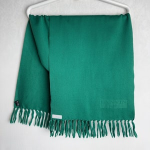 LANVIN PARIS Cashmere & Wool Scarf, 80s French Designer Scarf, Green Muffler Scarf, Warm Winter Fringe Scarf, Minimalist Unisex Tassel Scarf