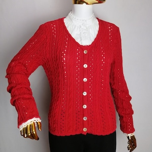 Austrian Cable Knit Cardigan, Dirndl Red Cardigan, Traditional Trachten Sweater, Oktoberfest Tyrol Cardigan, Bavarian Folk Knitwear, Size L