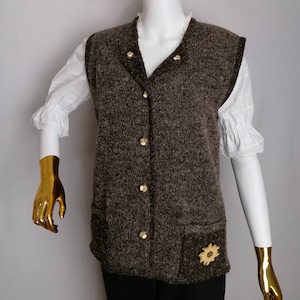Dirndl Sleeveless Cardigan, Austrian Wool Knit Vest, Oktoberfest Folk Vest, Trachten Tyrolean Waistcoat, Edelweiss Bavarian Knitwear, Size L