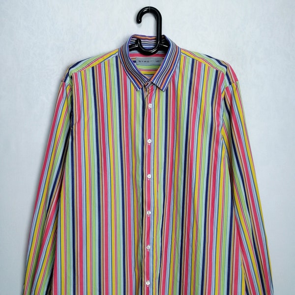 ETRO Mens Striped Shirt, Italian Designer Cotton Shirt, 90s Multicolor Button Up, Colorful Long Sleeve Shirt, Made In Italy Shirt, Size XL
