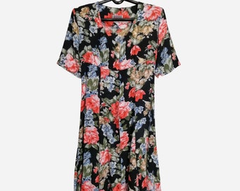 Robe maxi vintage, robe à imprimé floral des années 80, robe d’été évasée, robe à motif floral romantique, robe longue en viscose, vêtements de mode des années 1980