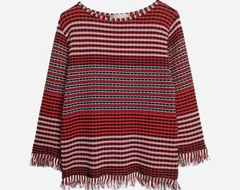 NINA RICCI Fringed Sweater, French Designer Cotton Jumper, Vintage Small Spring Sweater, 2000s Long Sleeve Fashion Top, Y2K Womens Knitwear