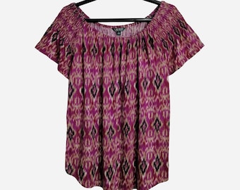 RALPH LAUREN Vintage Womens Boho Blouse 90s Polo Short Sleeve Top Cotton Blend Printed Blouse Size L