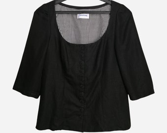 Puede incluir: Una blusa negra con botones, forro de vichy y escote cuadrado. La blusa tiene mangas tres cuartos y una silueta ajustada.