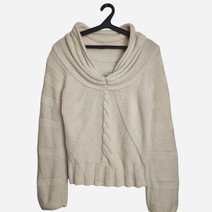 MONCLER Wollpullover, Damen Schalkragen Wollpullover, 90er Jahre Strickpullover, Authentische Designer Strickmode, Made in Italy Ecru Beige Pullover