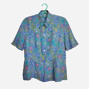 Silk Floral Blouse, 80s Button Up Blouse, Floral Pattern Summer Top, Women Pure Silk Shirt, Shoulder Pads Large Blouse, Collared Silk Blouse