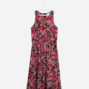 Made In USA Vintage Womens Dress 80s Sleeveless Floral Maxi Dress Romantic Flower Print Dress Roses Long Summer Dress