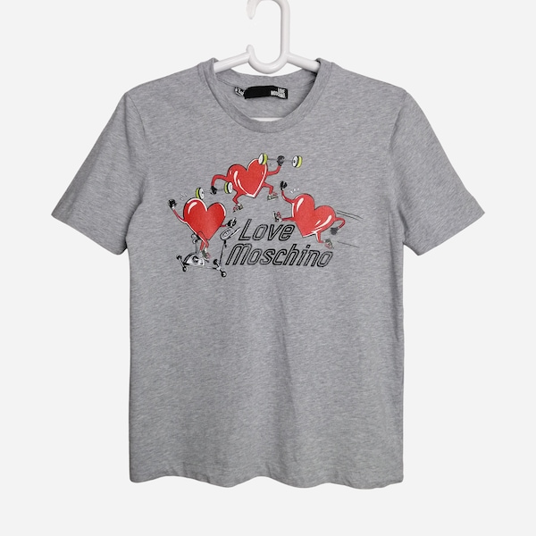 LOVE MOSCHINO T-shirt, Heart Print Tee, Authentic Fashion Designer Top, Y2K Graphic Tshirt, Moschino Big Logo Tee, Women Gray Cotton T-shirt