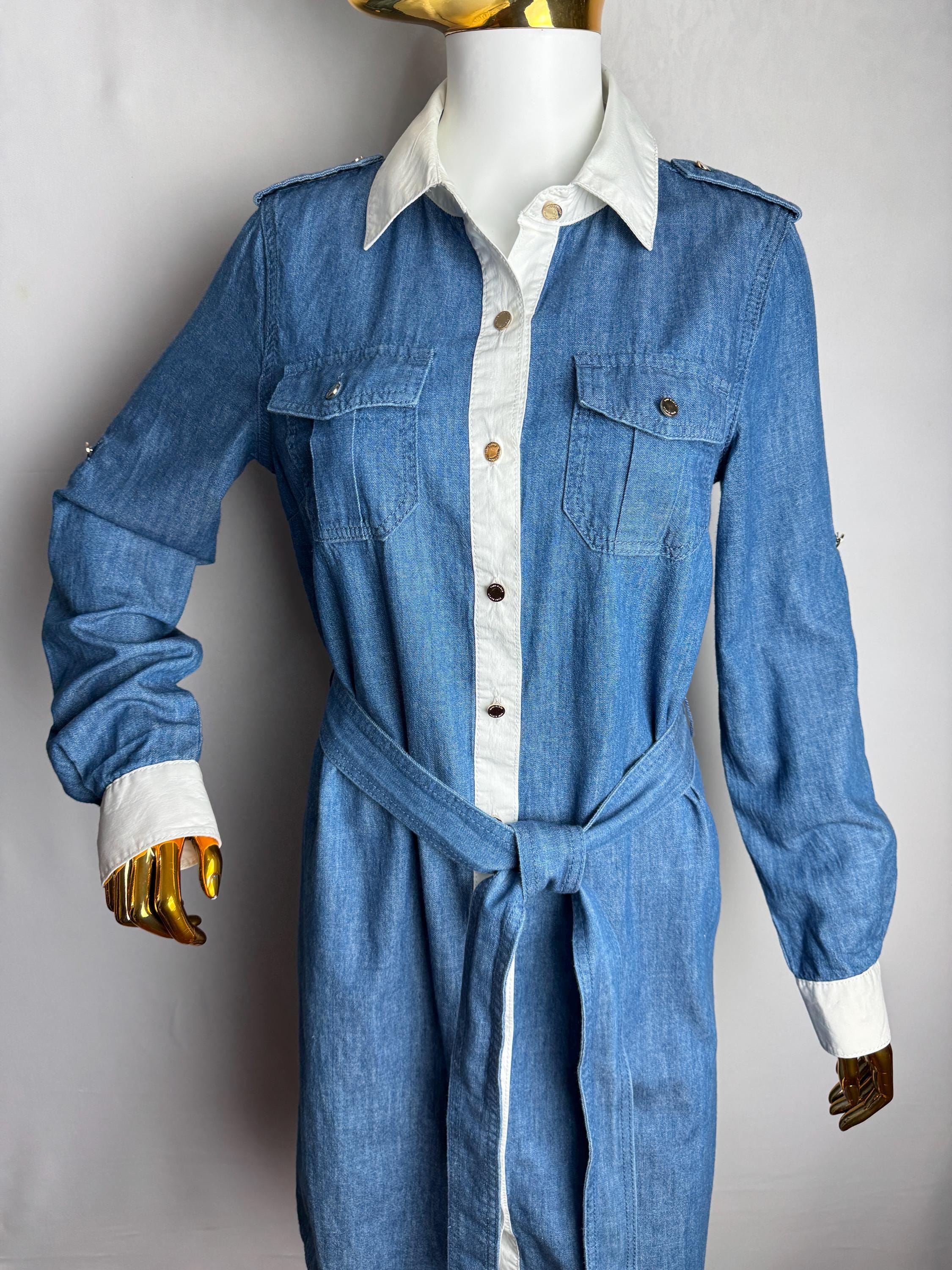TORY BURCH Denim Shirt Dress, Belted Long Sleeve Blue Jean Dress, Y2K  Designer Cotton Collared Shirtdress, Effortless Casual Workwear Dress - Etsy